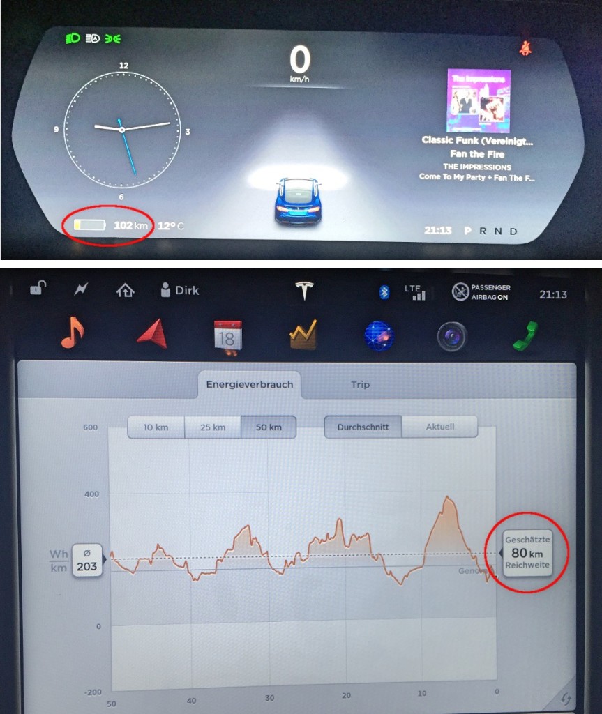 Tesla Restreichweitenanzeige im Model S
